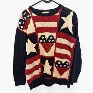 Talbots Vintage Patriotic American Flag Sweater Womens small Red Blue Hand Knit
